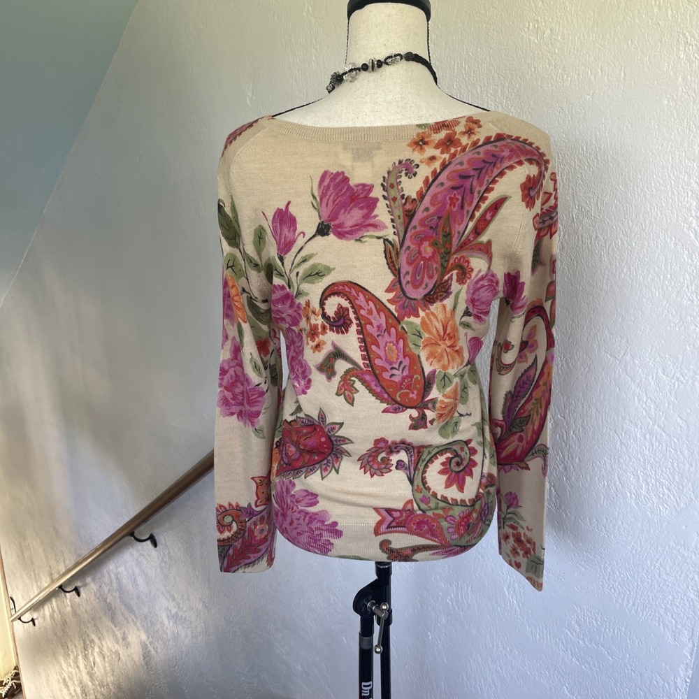 y2k Talbots 100% Merino Wool V-Neck Paisley Sweater Size Petite M Tan Pink Multi - Picture 5 of 7